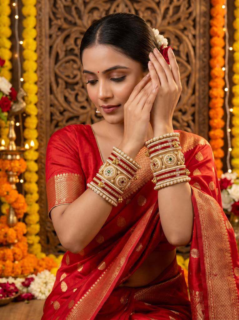 Premium Red Bridal Chura With Golden Work : HB-87-2.6