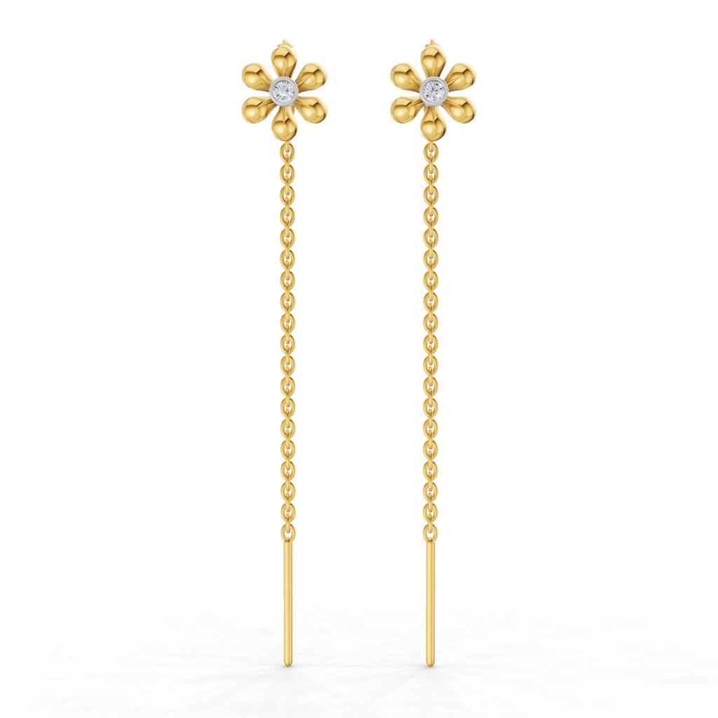 Lab Grown Diamond 0.07Ct 925 Sterling Silver Gold Plated Floral Threader Earrings : SQT19734-EG-925S-007CT
