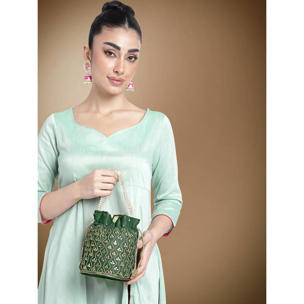Potli Bag For Women Handmade Evening Wristlet Handbag Stylish Bridal Purse Fashion Bag For Girls (P88B) : P88GRN
