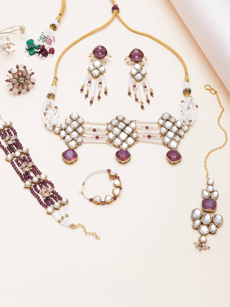 Purple Kundan Paradise Choker Set With Matching Earrings, Ring, Nath, Maangtikka & Bra : ACN514ACE514ACR514ACNT514ACB514ACM007