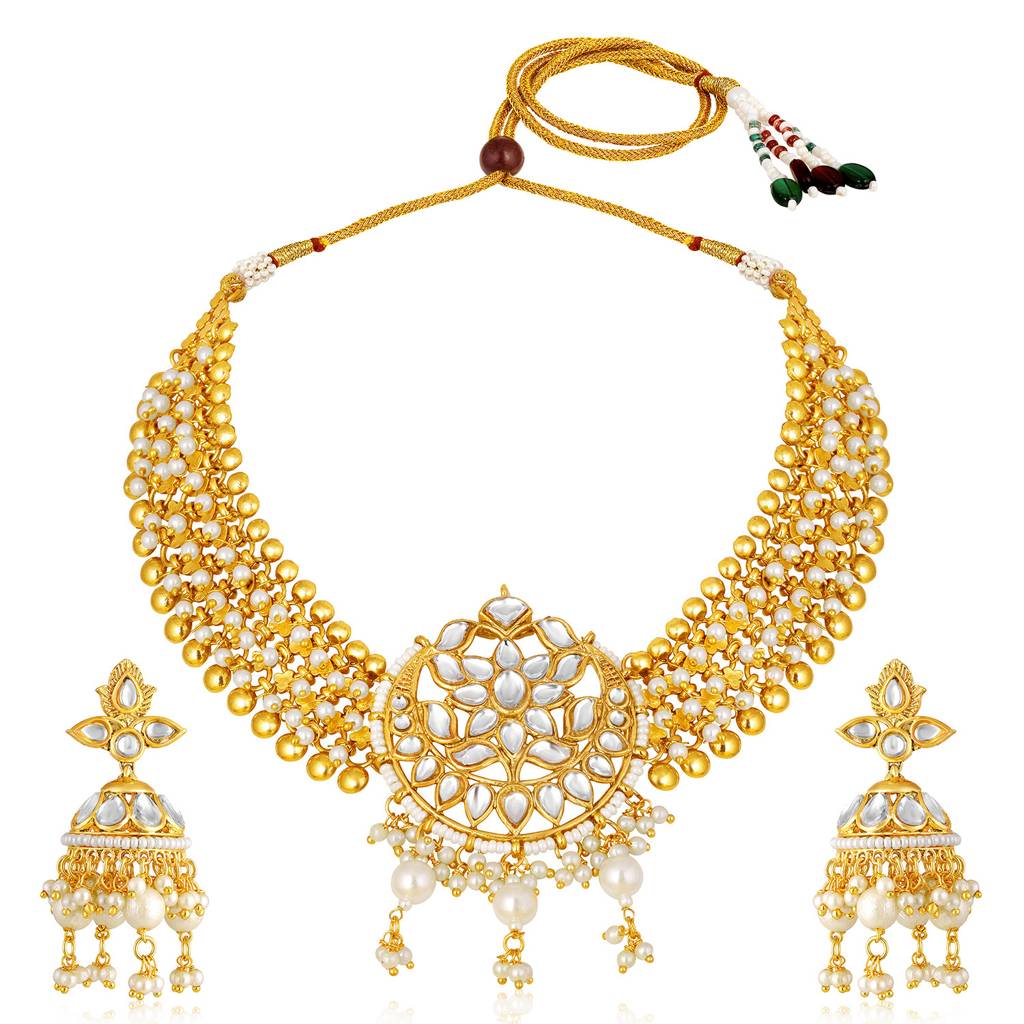 Peora Gold Plated White Kundan & Beads Studded Necklace Jhumki Earrings Ethnic Jewellery Set For Women & Girls : PF104N06W