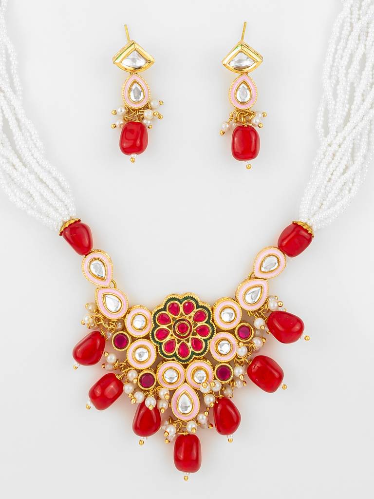 Gold Plated Red & White Kundan Beaded Necklace Set For Women : NK4724