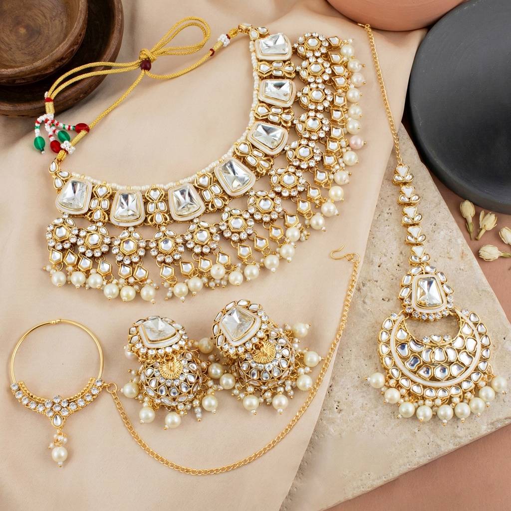 18 Kt Gold Plated Bridal & Semi-Bridal Necklace Set With Earrings, Maang Tikka & Nath : 2476-M8SK-1101-W