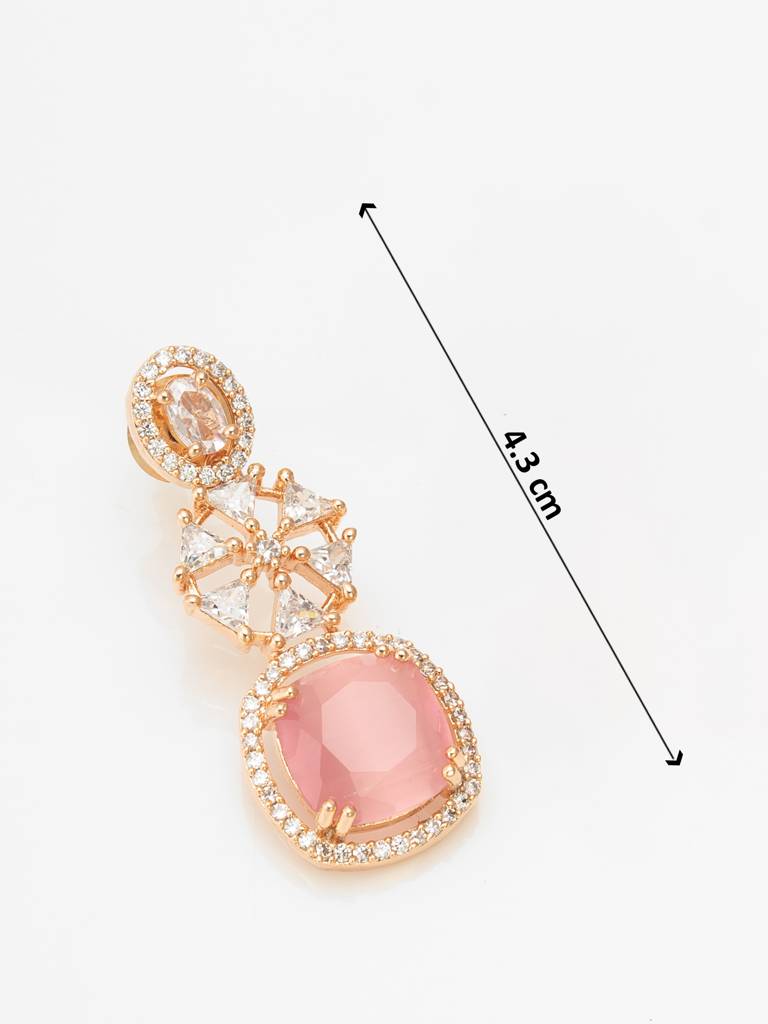 Reception Wear Rose Gold Pink And Green Pendant Necklace Set With Cushion Stone Drop And Geometric Earrings : NK4214