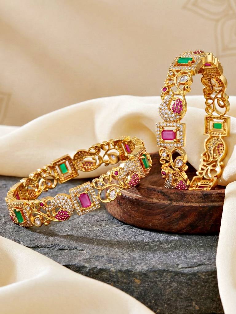 Gold Plated Peacock Design Ad Stone Bangle For Women With Pink & Green Stones | Designer Wedding Festive : 1817-C1BG-2227-2-24