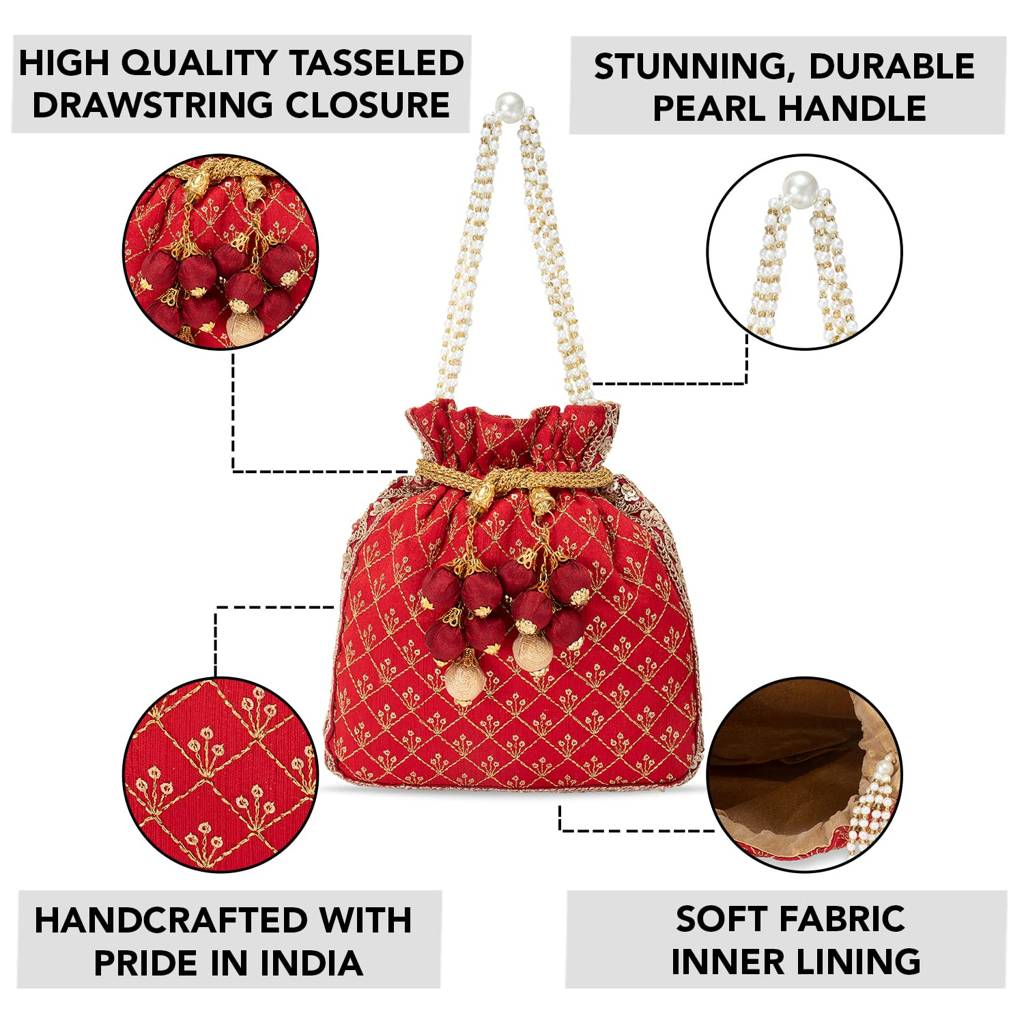 Zari Sequence Potli Bag For Women Stylish Handmade Wristlet Handbag Bridal Purse : P26R-C05G