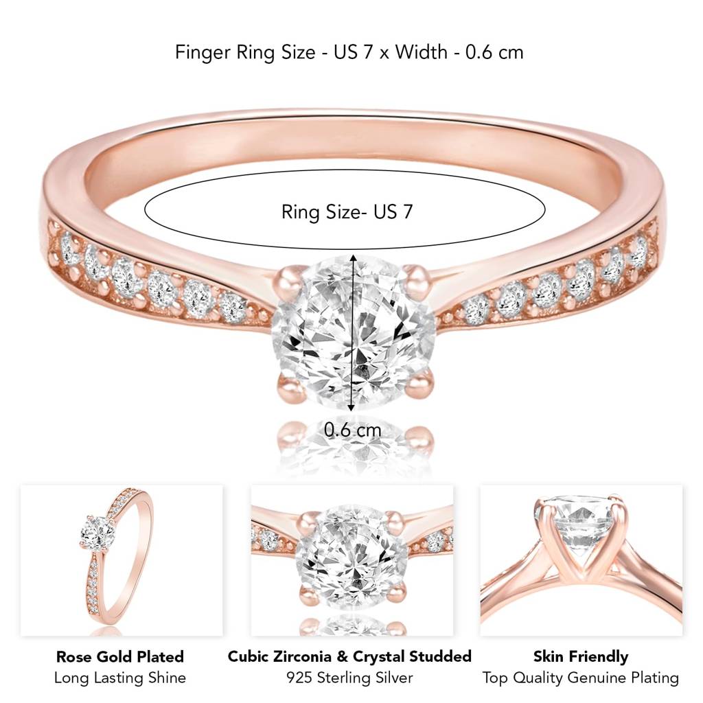 Rose Gold Plated 925 Sterling Silver Cz & Crystal Studded Finger Ring Fine Jewellery Gift For Women : PR5868C-7