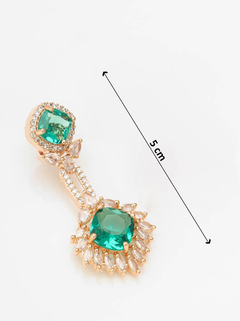 Party Wear Rose Gold Emerald Green Stone Y-Drop Necklace Set With Marquise Drop Earrings : NK4216