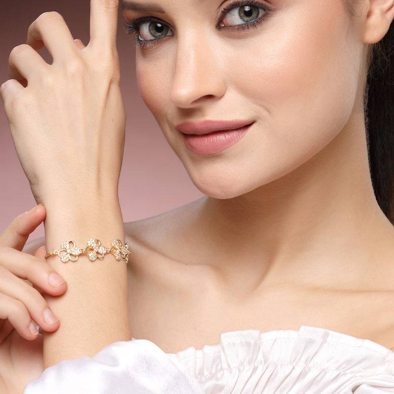Gold Plated American Diamond Daisy-Cluster Chain Bracelet – Exclusive Lightweight Occasion Wear : AD-137-IGBR