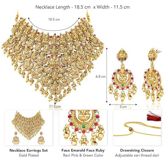 Ethnic Lakshmi Motif Necklace Dangle Earrings Set For Women & Girls Gold Plated Faux Emerald Ruby Traditional Tem : PF47N70RPG