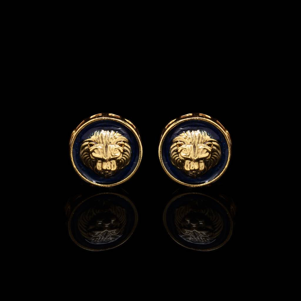 Navy Blue Enamel Gold Finish Lion Face Men'S Cufflink Pair : 700001_2