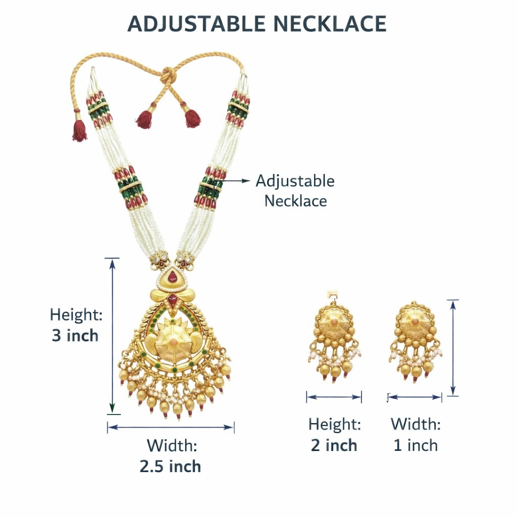 Traditional Handcrated Multi-Strand Pearl & Kundan Long Necklace Set With Earrings & Adjustable Dori For Women - Sjn : SJN_340