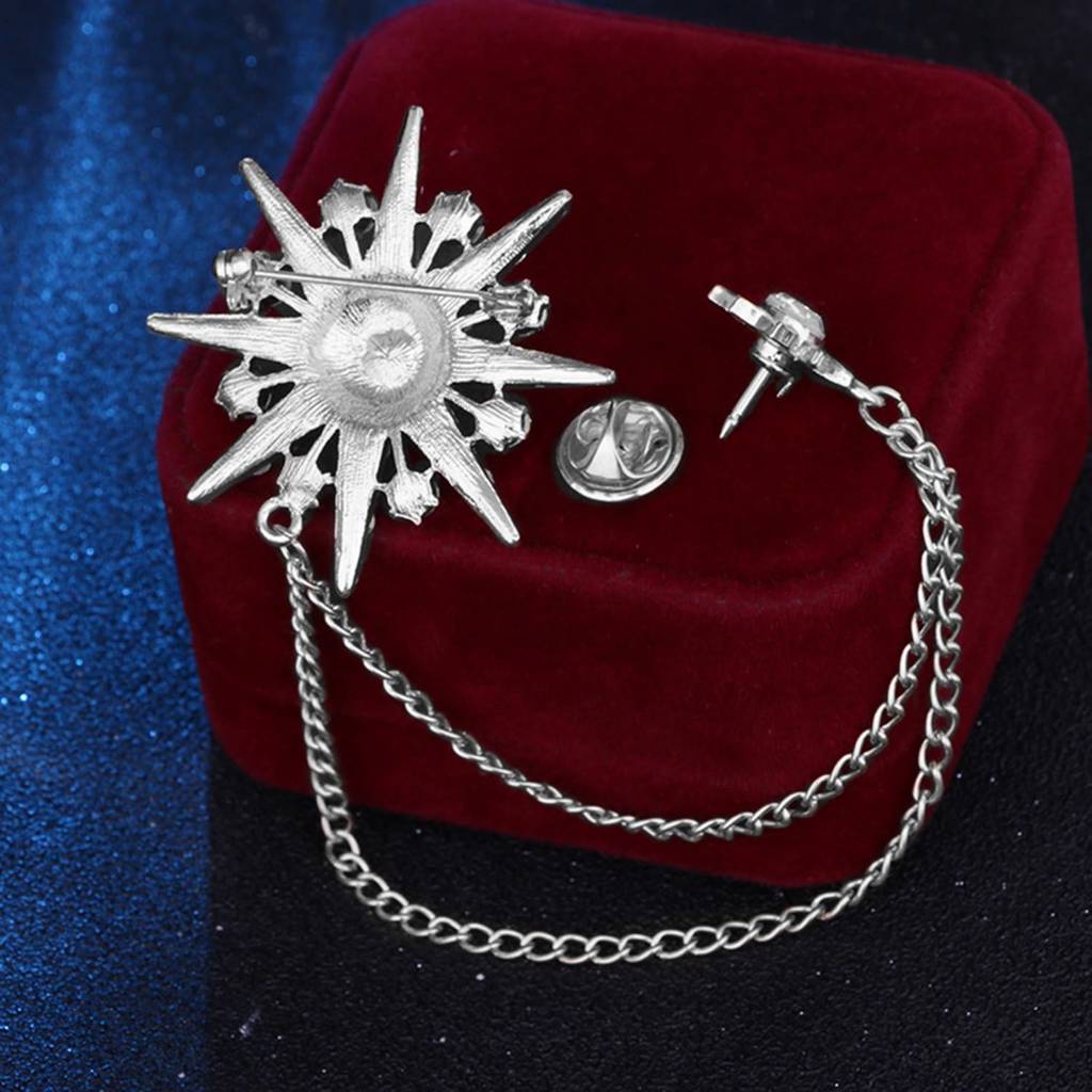 Silver Plated Cubic Zirconia Studded Star & Sunshine Double Chain Pin Brooch Jewellery For Men : PX9BH15S
