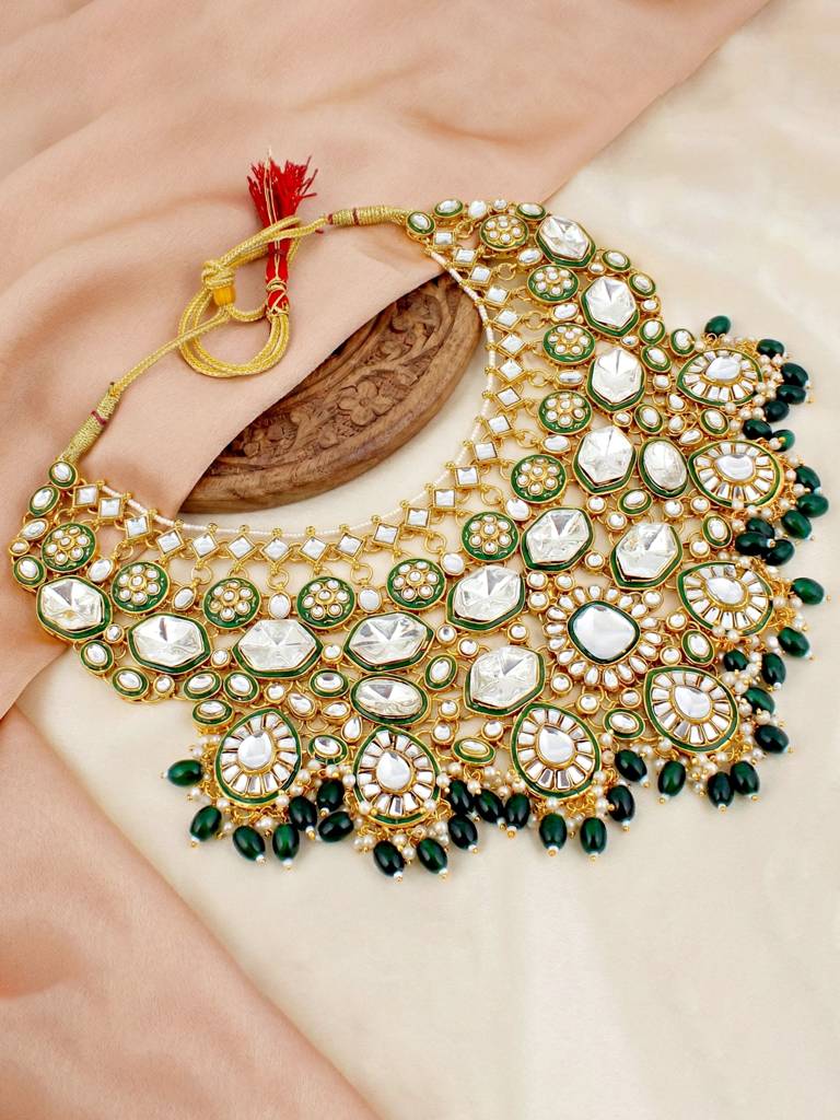 Bridal Kundan Necklace Jewellery Set For Women | Green Meenakari Gold Plated Ethnic Jewellery With Jhumk : 4125-IZR-005-G-2026