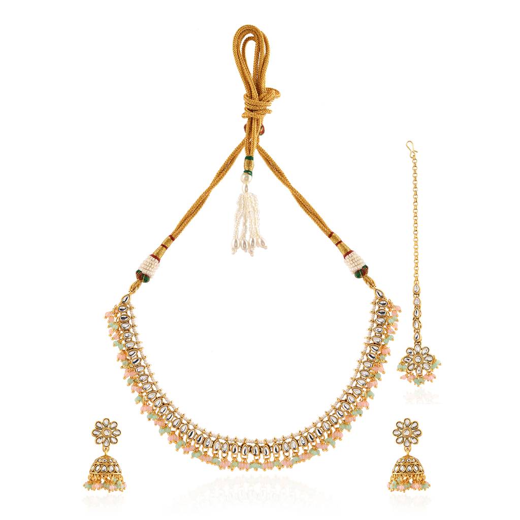 Kundan Opulance Light Pink Multi Pearl-Beaded Yellow Gold-Plated Short Necklace Set : 8905124585377