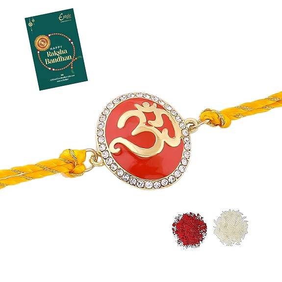 Gold Plated Eternal Om Rakhi With Red Enamel And Austrian Crystals & Fancy Silk Thread : 172-IG-RAKHI