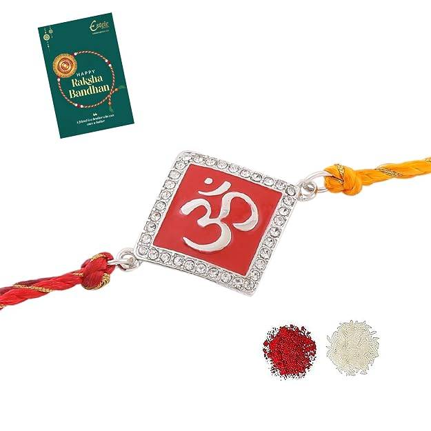 Rhodium Plated Divine Red Om Rakhi With Enamel & Austrian Crystals With Multi Colored Silk Thread : 171-IG-RAKHI