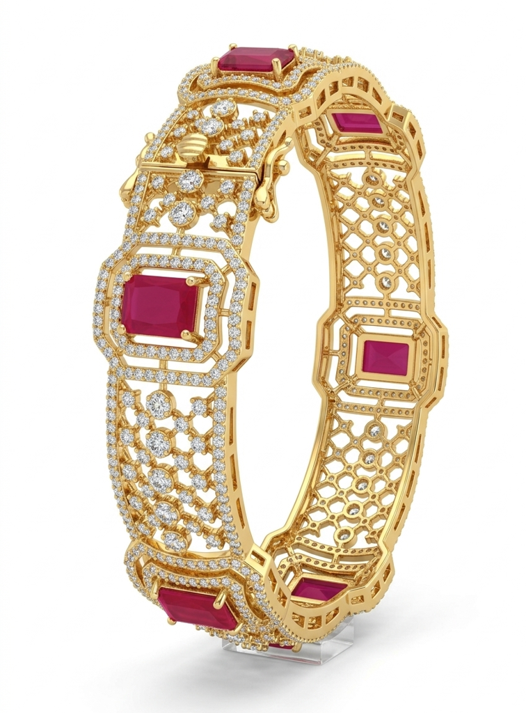 Exquisite Gold Plated Cz Diamond & Ruby Broad Bangle | Traditional Indian Bridal Kada For Women : TP2482R_2-4