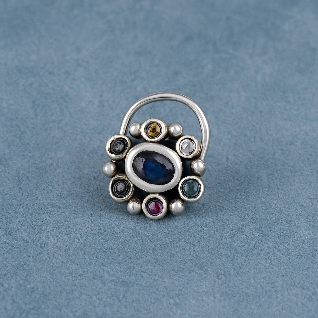 Navratna Oval Nose Pin - Sterling Silver : NP00150_925S_OX_YCZ