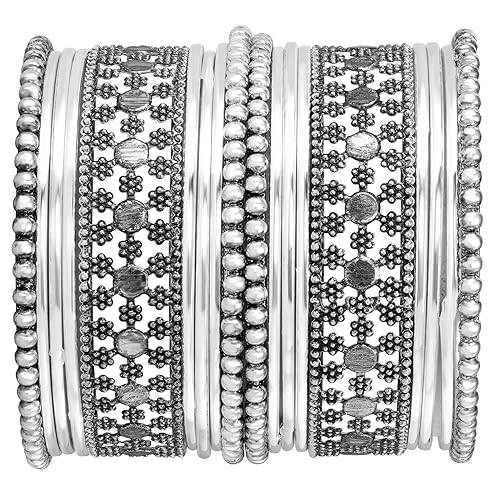 Traditional Silver Plated 2.6 Inch Metal Bangles Ethnic Fancy Stylish Fancy Jewellery Navratri Gift For Wome : PF34B1045S-S1-6