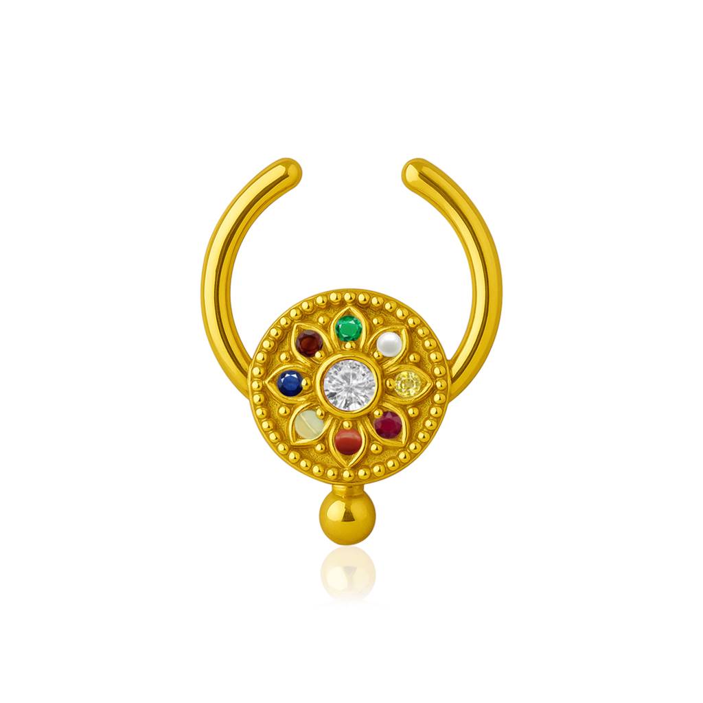 Navratna Floral Mandala Multi Gemstone Septum Nose Pin 925 Sterling Silver Gold Plated : 0008-NP-snp-0060