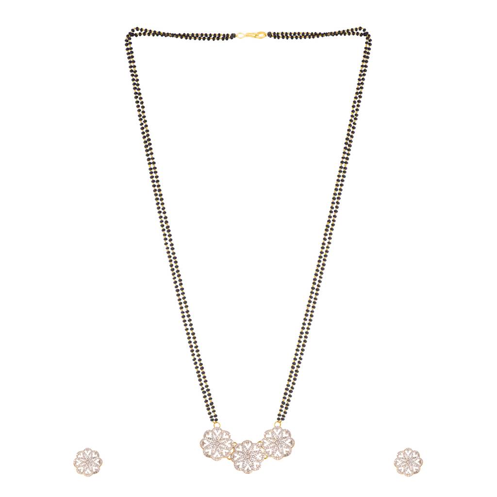 American Diamond Cz Golden Round Brass Black Beaded Mangalsutra With Earrings : 8905124429404