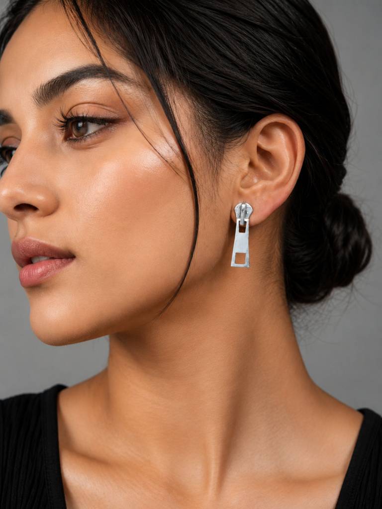 Silver Oxidised Quirky Zip Puller Earrings : DTINDZIPPER-01