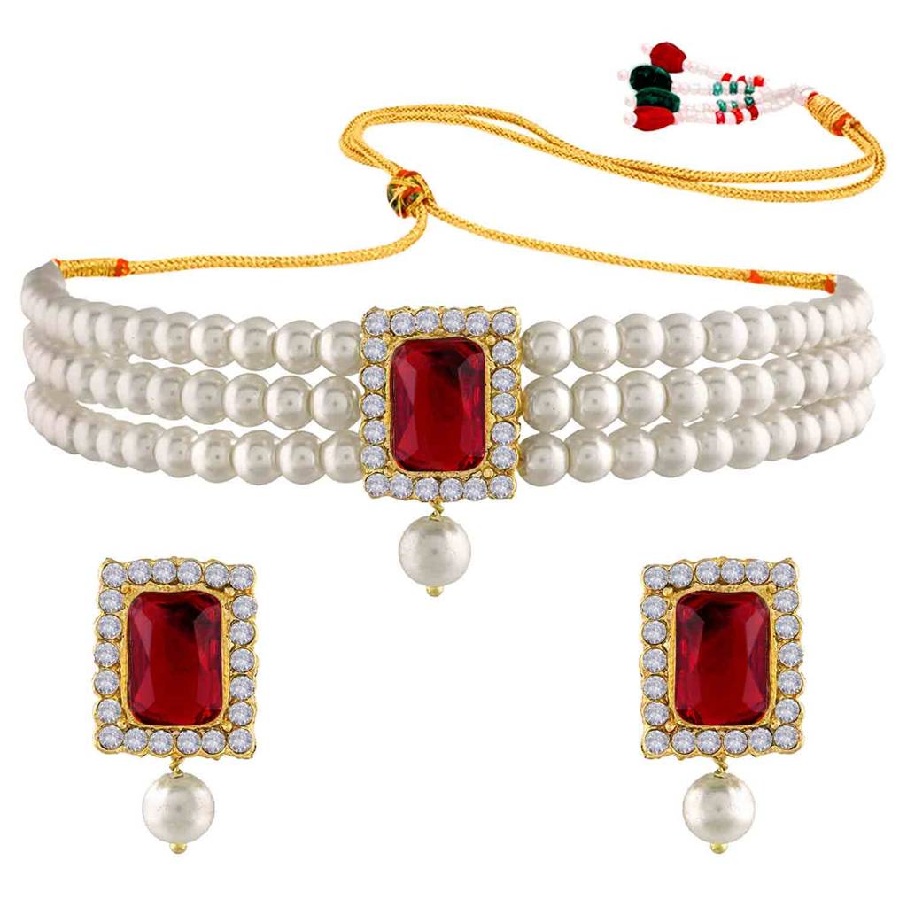 Peora Gold Plated Indian Traditional Crystal Pearl Beaded Choker Necklace Jewellery Set For Women : PF24N02M