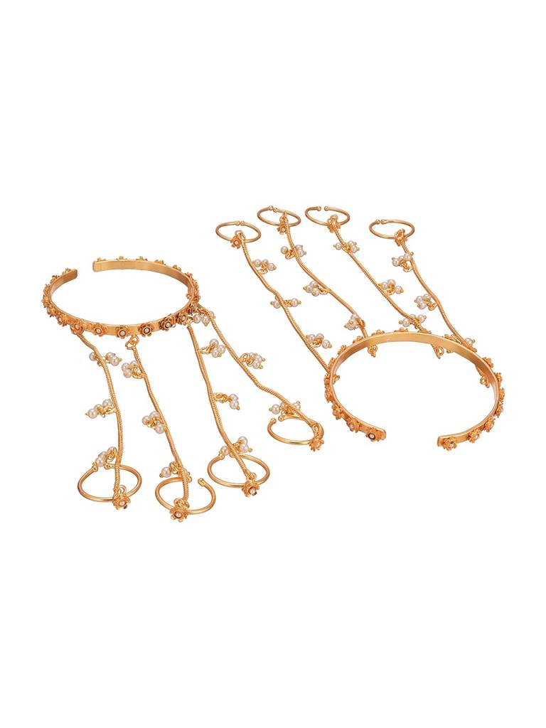 Set Of 2 Gold Plated Pearl Beaded Multi Chain With Rings Minimal Hathphool : SJHP3004