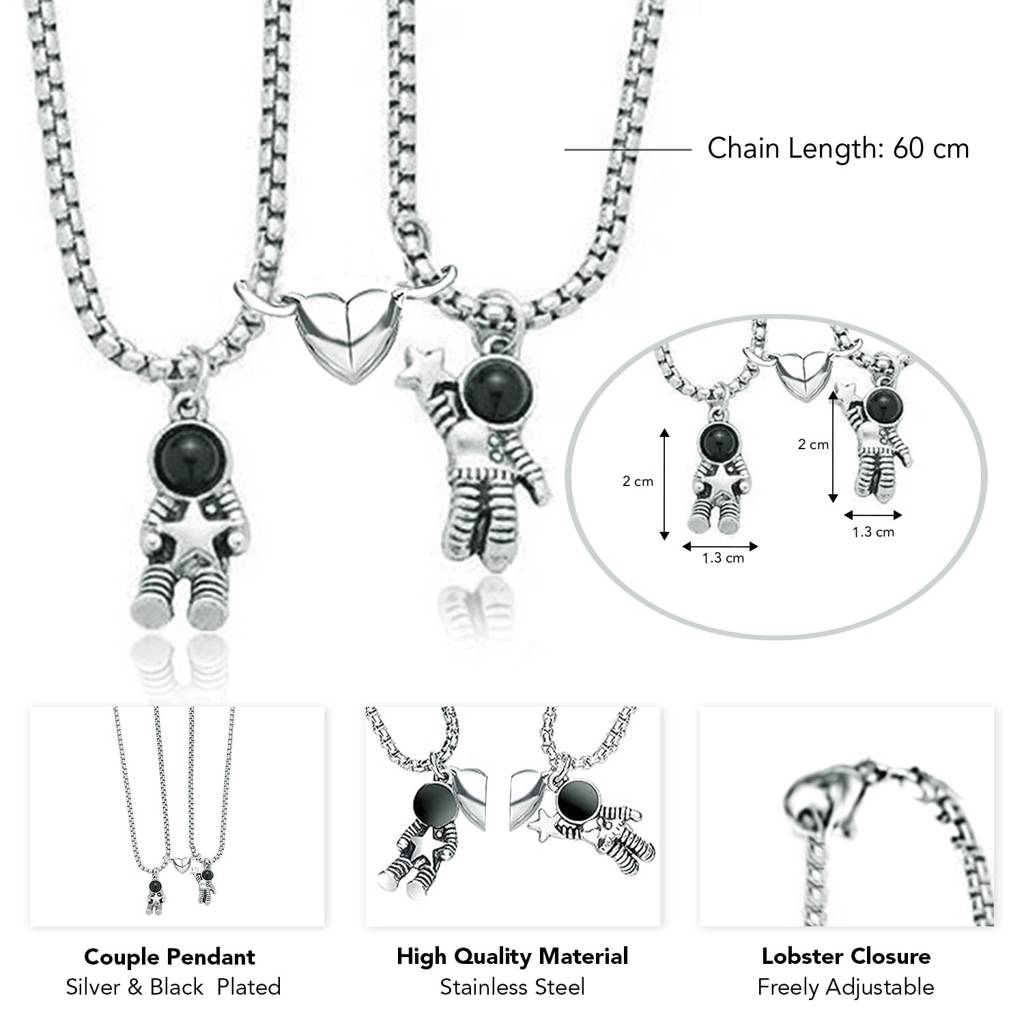 Silver Plated Faux Pearl Studded Stylish Couple Pendant Chain Fashion Jewellery Gift For Women & Men : PFCCP25BL