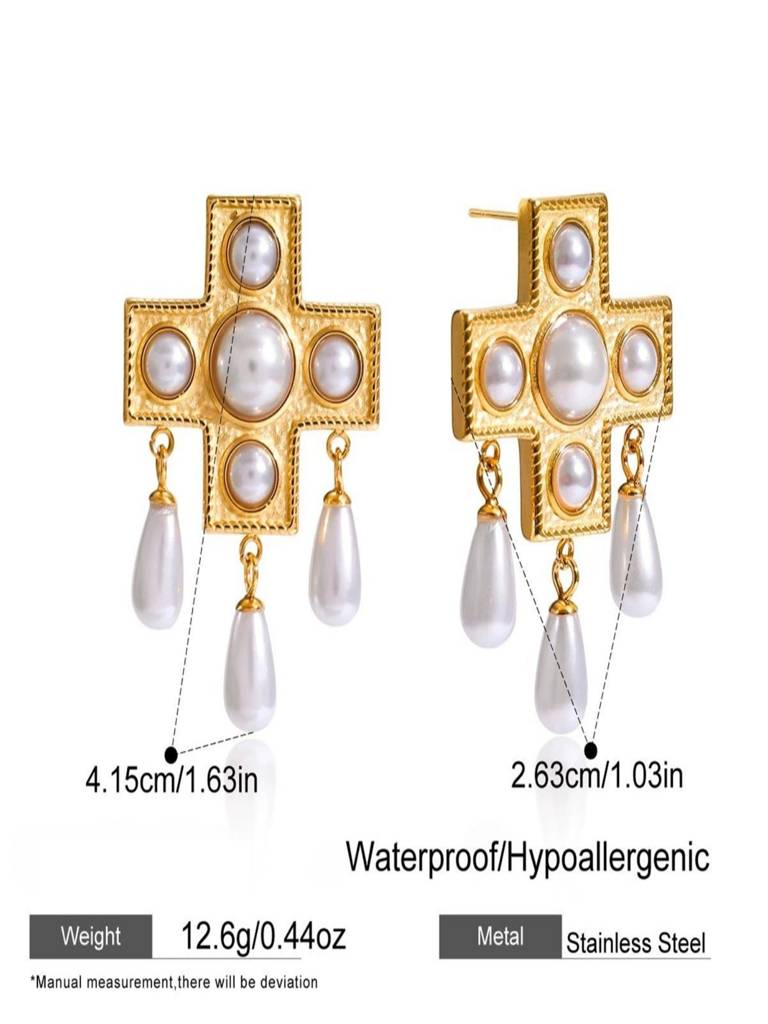 Cross Pearl Dangle Earrings Anti-Tarnish Waterproof 18K Gold Plated For Women : AWX0925E0422