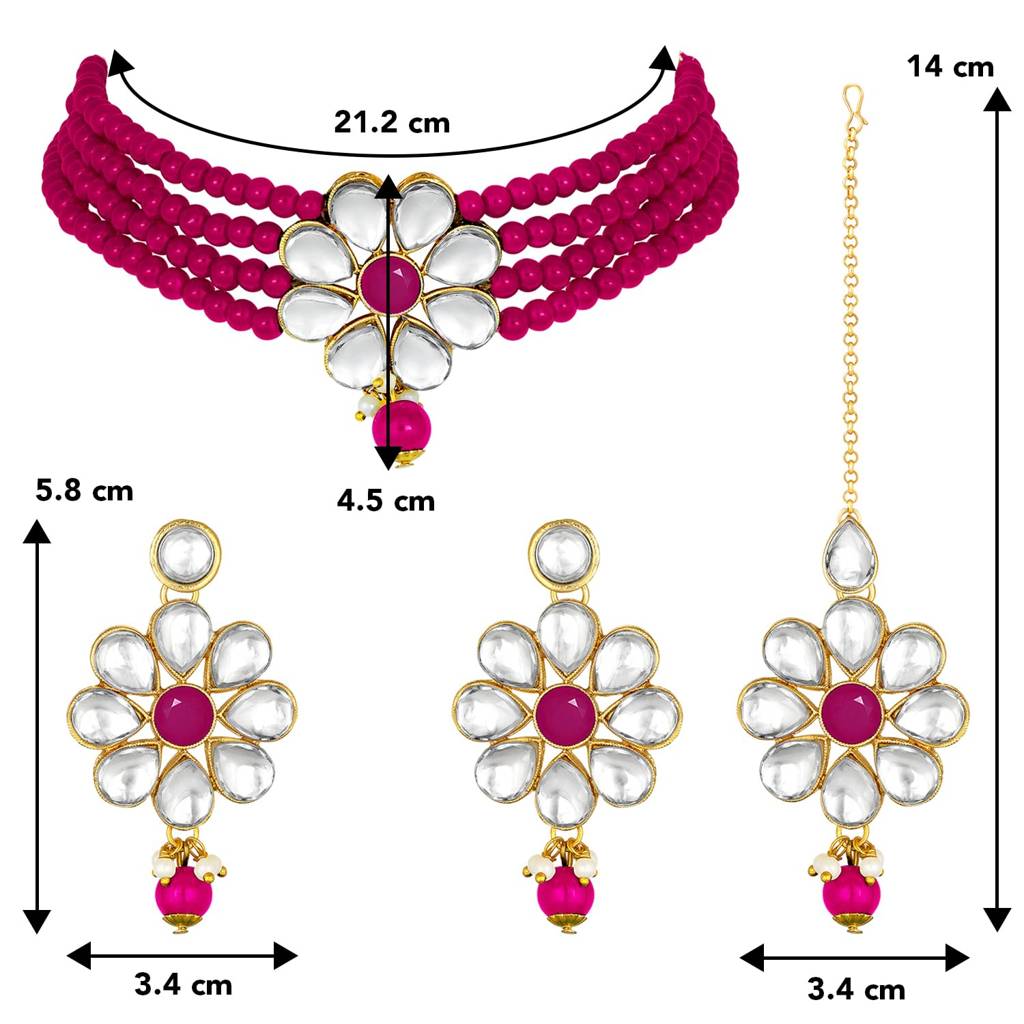 Gold Plated Kundan Faux Pearl Floral Choker Necklace Earrings With Maang Tikka Set Jewellery For Girls & Women ( : PF24N2875RP
