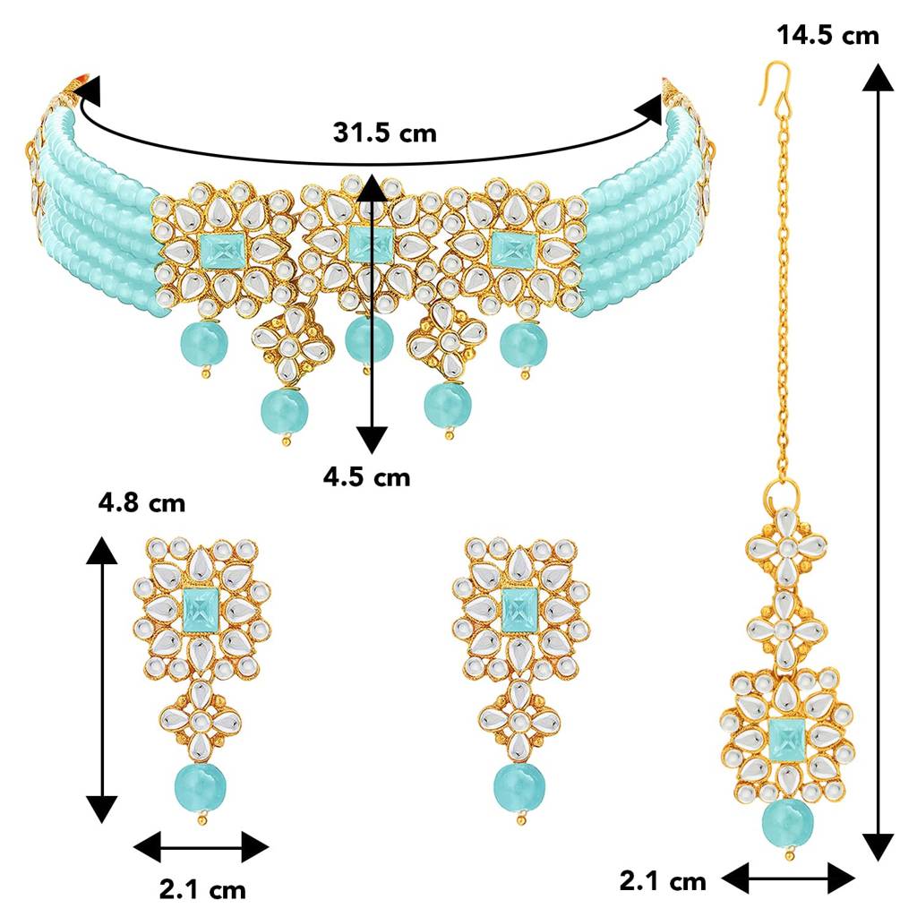 Gold Plated Pearl Beaded Studded Choker Necklace With Earring Maang Tikka Jewellery Set For Women (Sky Blue) : PF37N224SB