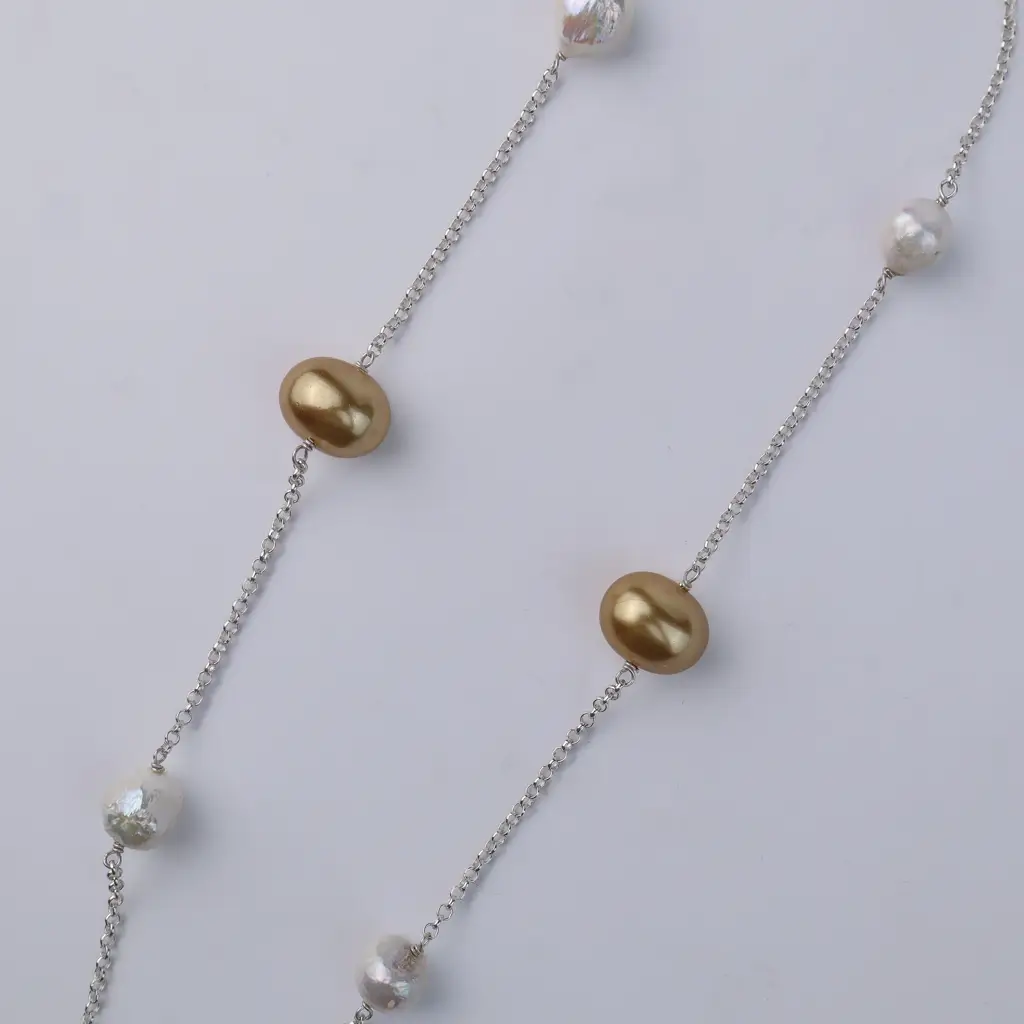 Pearl Line Necklace With Fresh Water Pearls & Golden Pearls : 70876055