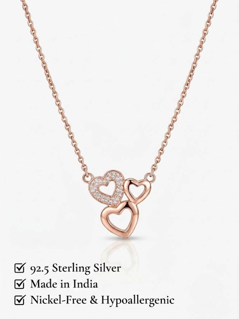 925 Sterling Silver Forever Together Heart Trio Necklace For Women : NEC-59