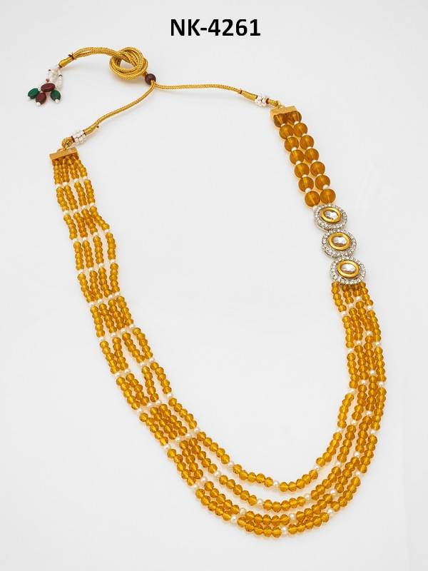 Multi-Strand Amber Crystal Bead With Triple Kundan Ad Pendant Necklace : NK4261