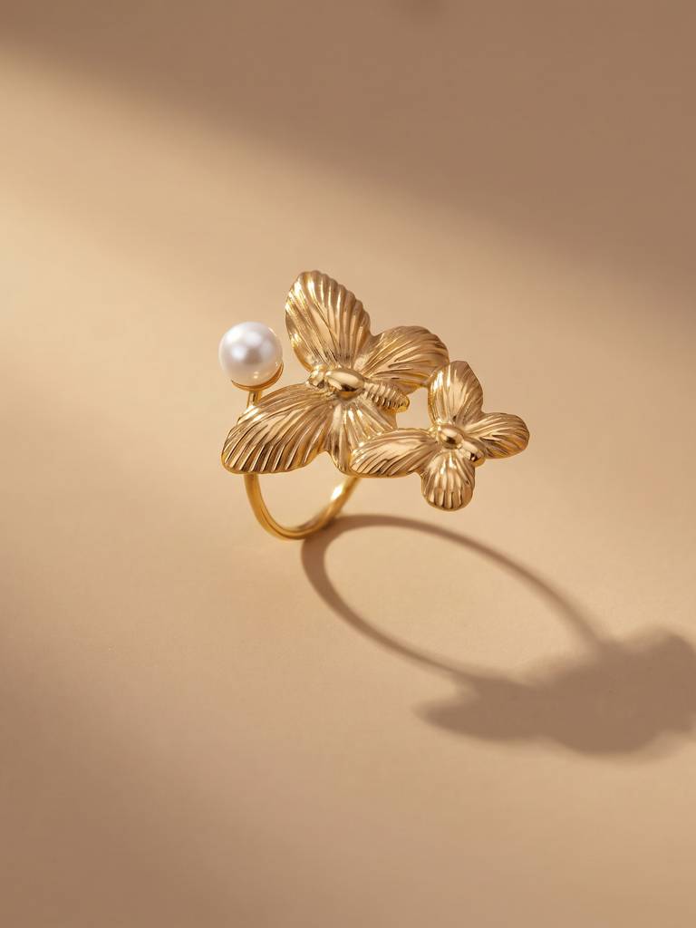 Dual Butterfly Pearl Accent Ring For Women - Waterproof & Anti-Tarnish : RG0405-6