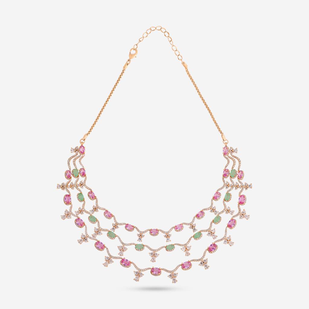 Pink-Mint Gld Ros Plated - Party Wear Zircon Necklace - 470870 : 470870