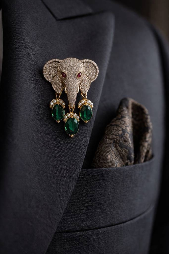 Antique Gold Finish Lord Ganesha Unisex Brooch For Men And Women With Emerald Drops : 900004