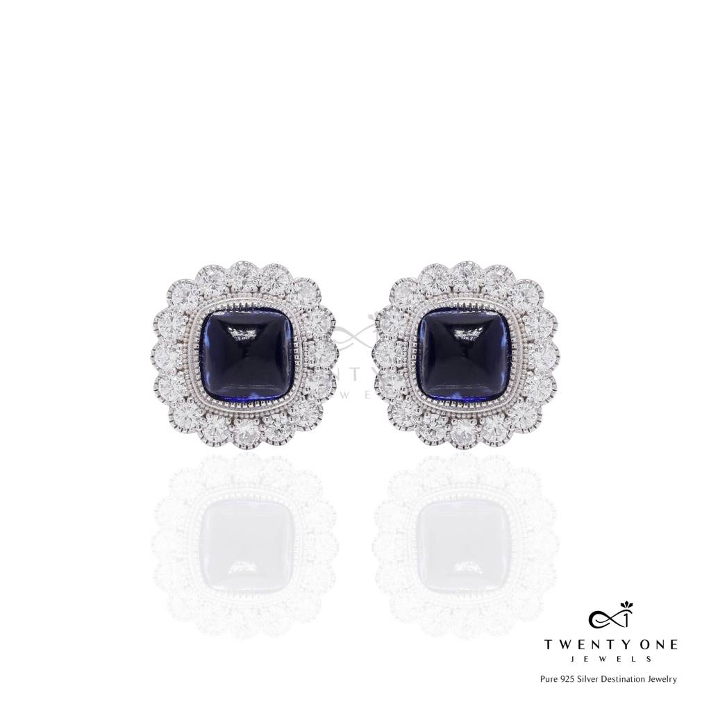 Ultra Premium Blue Sapphire Cabochon Party Stud Earrings With Premium Screw Backs On Pure 925 Silver : TE2333_2