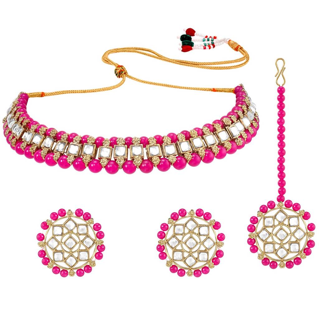 Traditional Gold Plated Kundan Choker Necklace Round Stud Earring & Maang Tikka Ethnic Jewellery Set Gift For Wom : PF28N227RP