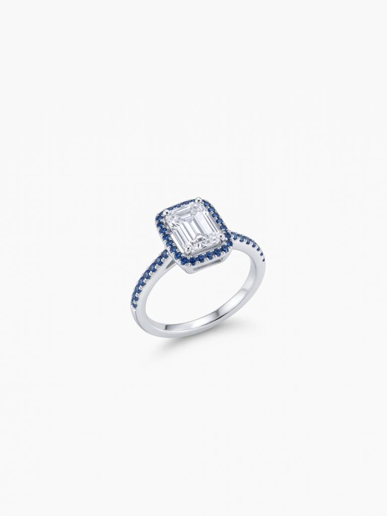 925 Sterling Silver Sapphirelle Azure Emerald-Cut Halo Ring For Women : R-69-6
