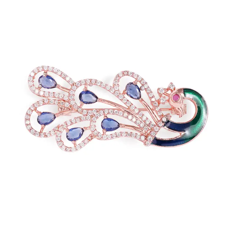 Cz Statement Peacock Feather Brooch Pin For Women |Wedding Wear : AD-005-RGBL-BROOCH