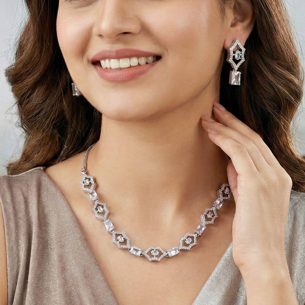Silver-Tone American Diamond Necklace Set With Earrings For Women – Office, Party & Wedding Wear : 628-K4SA-2240-W-S