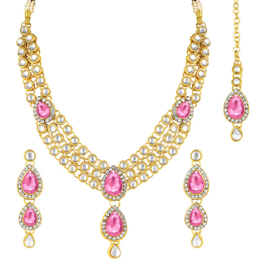Peora Gold Plated Traditional Kundan Studded Long Necklace Jewellery Set With Earring Maang Tikka For Women Girls : PF25N009PK