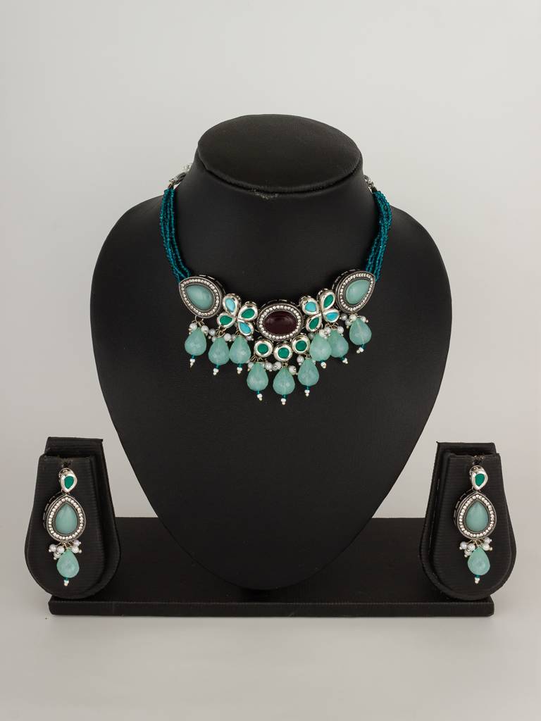 Mint Green Oxidized Necklace Set With Ad : NK4505