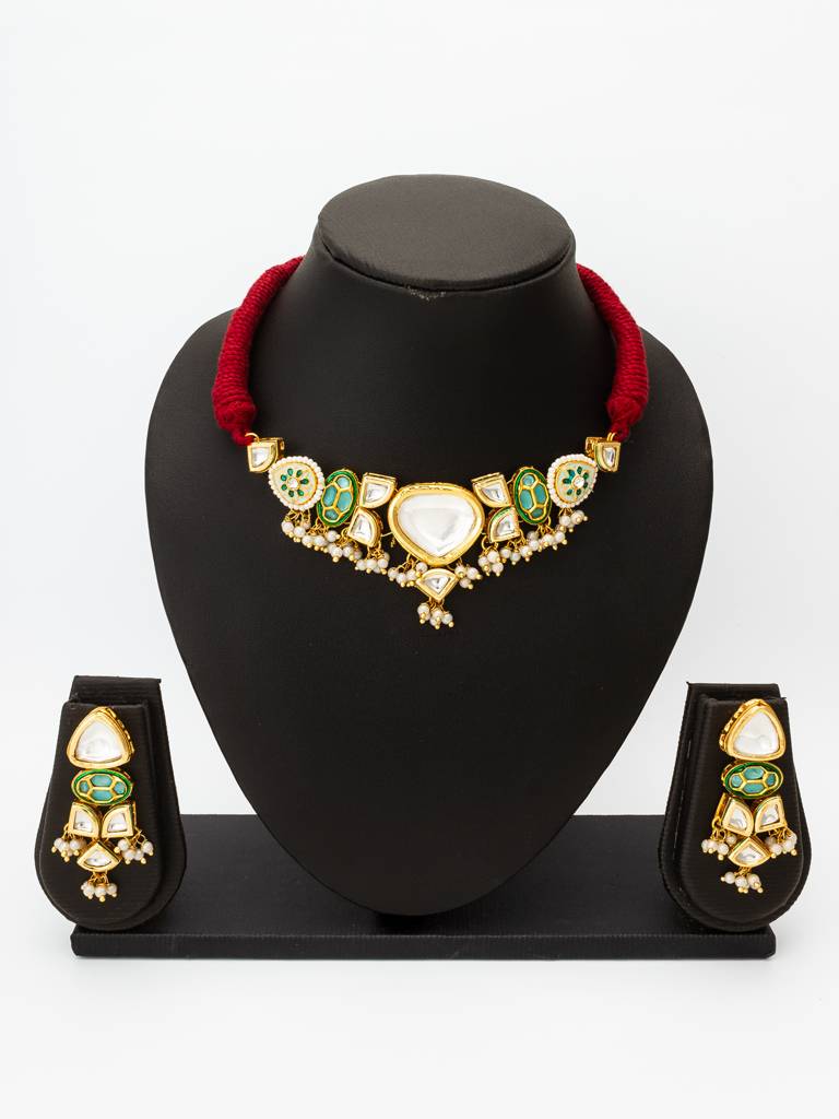 Pastel Green Kundan Choker Necklace Set With Earrings : NK4498