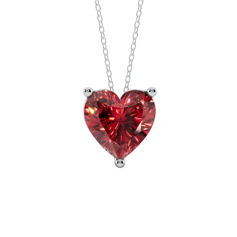 Red Heart Solitaire Semi Silver Pendant Necklace : HERT-RED-10-SM-W-C