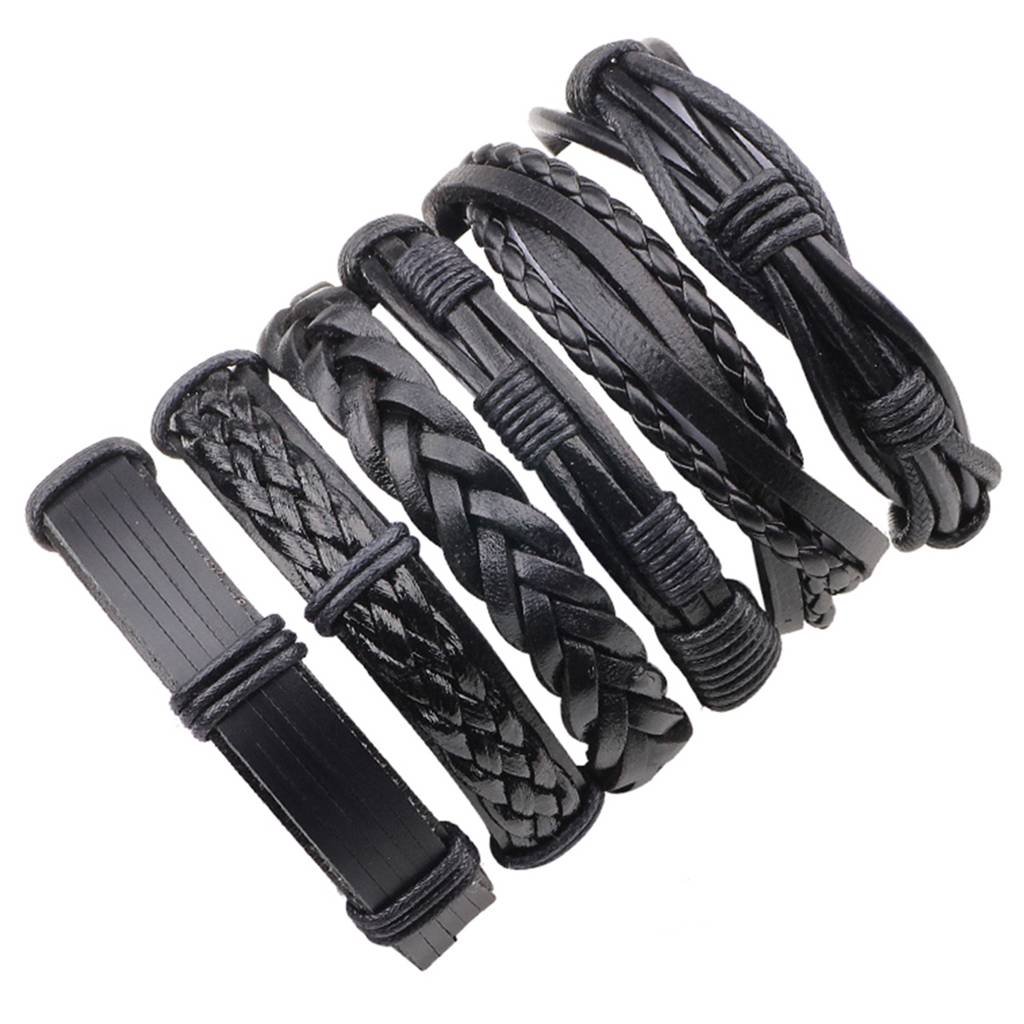 Peora Combo Pack Of 6 Black Braided Leather Bracelet For Men Boys : PX9LB02
