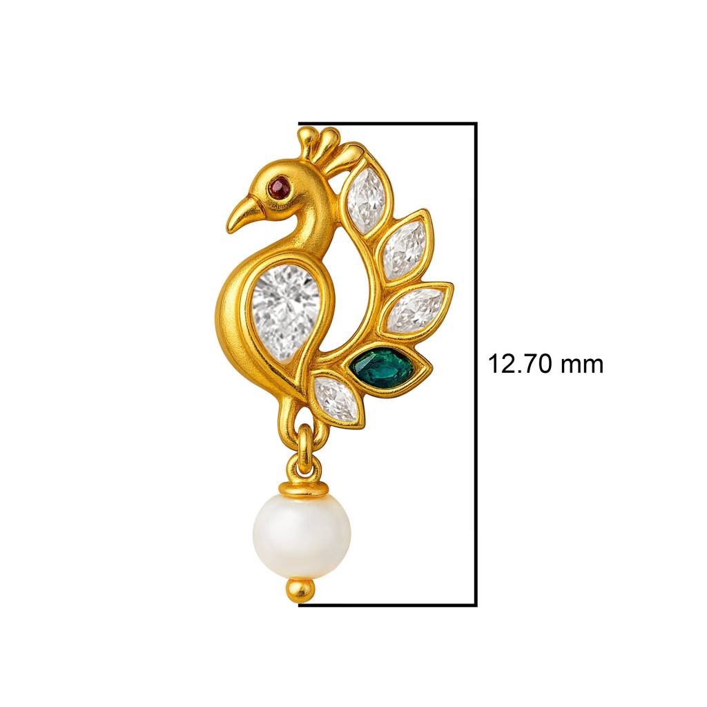 Colorful Peacock Motif With Pearl Drop Nose Pin 925 Sterling Silver Gold Plated : NP-0031-N-1-snp-0026